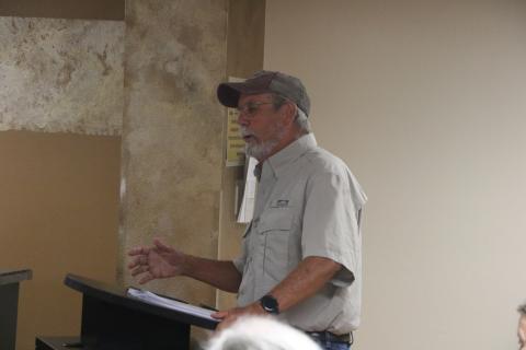 Columbia County Resources Inc. Vice President Mike Nelson makes his case to the Lake Shore Hospital Authority board to donate to the Tough Enough to Wear Pink campaign. (MORGAN MCMULLEN/Lake City Reporter)