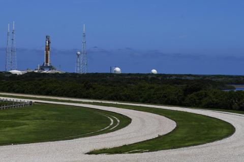 The NASA moon rocket stands on Pad 39B before the Artemis 1 mission to orbit the moon at the Kennedy Space Center on Thursday. (BRYNN ANDERSON/Associated Press)