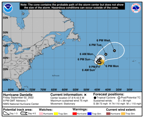 The National Oceanic and Atmospheric Administration released this graphic, forecasting Hurricane Danielle to continue an eastward trend, on Friday. (COURTESY NOAA)