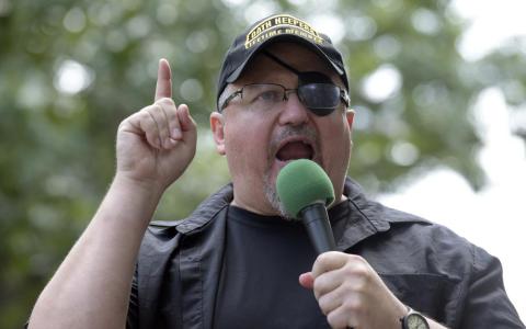 Stewart Rhodes, founder of the Oath Keepers, speaks during a rally outside the White House on June 25, 2017. (SUSAN WALSH/AP File)