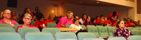 A number of veteran teachers in the Columbia County School District, and supporters, voiced their displeasure with pay at the Columbia County School Board meeting Tuesday night. (TONY BRITT/Lake City Reporter)