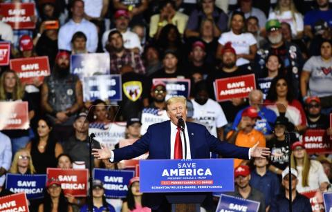 Former President Donald Trump speaks during a rally at the Mohegan Sun Arena in Wilkes-Barre Township, Pa. on Saturday. (SEAN MCKEAG/The Citizens’ Voice via AP)