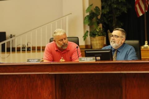 Columbia County Manager David Kraus (right) and Assistant Manager Kevin Kirby detailed the heated meeting with Sylvester Warren during Tuesday’s county commission meeting. (JAMIE WACHTER/Lake City Reporter)
