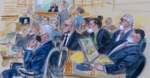 This artist sketch depicts the trial of Oath Keepers leader Stewart Rhodes and four others charged with seditious conspiracy in the Jan. 6, 2021, Capitol attack, in Washington on Thursday. Shown are defendant Thomas Caldwell, seated front row left, Oath Keepers leader Stewart Rhodes, seated second left with an eye patch, defendant Jessica Watkins, seated third from right, Kelly Meggs, seated second from right, and defendant Kenneth Harrelson, seated at right. (DANA VERKOUTEREN/Associated Press)