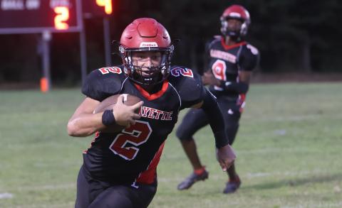 Lafayette tight end Carter Higginbothom runs up the field after a catch against Branford on Monday night. (PAUL BUCHANAN/Special the Reporter)