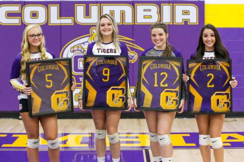 Columbia seniors Bailey Campbell (from left), Madison Glenn, Savannah Bailey and Jaslin Maytin were honored on Senior Night prior to Monday’s match against Fort White . (BRENT KUYKENDALL/Lake City Reporter)