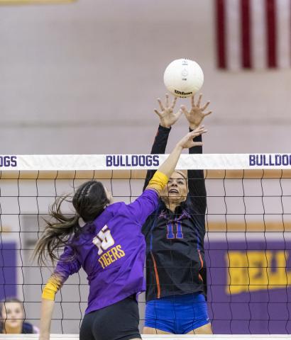 Branford’s Jadyn Mosley tries to block a shot by Union County’s Jaycee Davis during Thursday’s District 6-1A championship on Thursday. (JACK HOWDESHELL/Special to the Reporter)