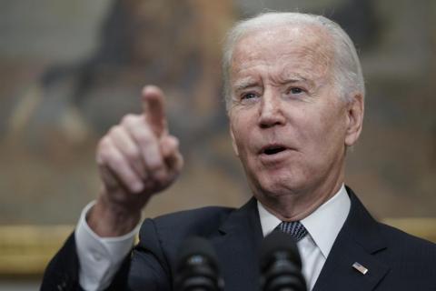 President Joe Biden calls on a reporter for a question after speaking about deficit reduction Friday in the Roosevelt Room at the White House in Washington. (J. SCOTT APPLEWHITE/Associated Press)