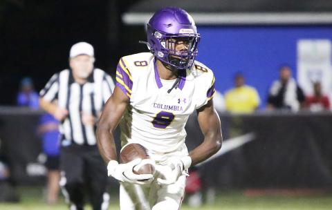 Columbia receiver Jaylen Cooper makes a move up the field against Trinity Christian on Sept. 23. (BRENT KUYKENDALL/Lake City Reporter)
