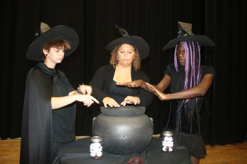 Van Morrison (from left), Rebecca Beer and Khalil Cleckley rehearse during a scene where they portray witches conjuring a spell in, ‘Vampire Diaries — The Original.’ (TONY BRITT/Lake City Reporter)