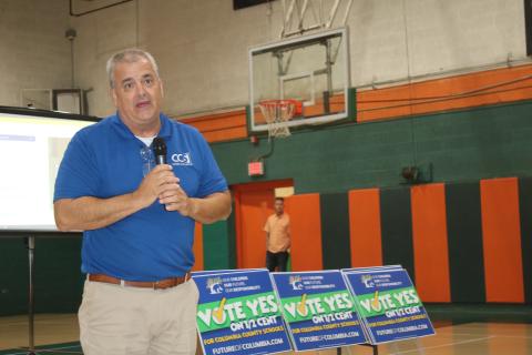 Superintendent Lex Carswell speaks at Richardson Community Center Thursday on the proposed half-cent sales tax to fund new schools. (TONY BRITT/Lake City Reporter)