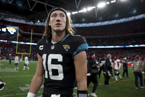 Jacksonville Jaguars quarterback Trevor Lawrence leaves the field after losing to the Denver Broncos at Wembley Stadium on Sunday in London. (IAN WALTON/Associated Press)