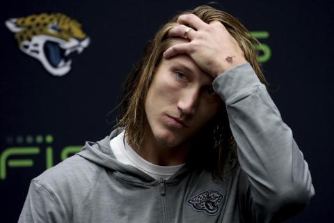 Jacksonville Jaguars quarterback Trevor Lawrence reacts during a press conference after Sunday's game against Denver Broncos at Wembley Stadium in London. Jaguars lost by 17-21. (IAN WALTON/Associated Press)