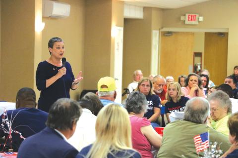 School board candidate Elizabeth Porter speaks during a GOP rally at the Florida Gateway Fairgrounds in July. (FILE)