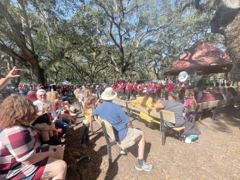 The Lafayette High School marching band performs in front of a crowd Saturday in Veteran’s Memorial Park during the 42nd annual Pioneer Day. (ERIKA CLESI/Special to the Reporter)