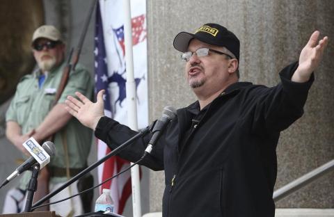 Stewart Rhodes, the founder of Oath Keepers, speaks during a gun rights rally at the Connecticut State Capitol in Hartford, Conn., April 20, 2013. (JARED RAMSDELL/Journal Inquirer via AP)