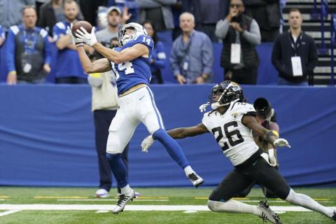 Indianapolis Colts receiver Alec Pierce makes a touchdown reception against Jacksonville Jaguars defensive back Shaquill Griffin during Sunday's game in Indianapolis. (MICHAEL CONROY/Associated Press)