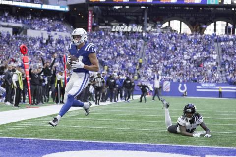 Indianapolis Colts receiver Alec Pierce makes a touchdown reception against Jacksonville Jaguars defensive back Shaquill Griffin during Sunday's game in Indianapolis. (AJ MAST/Associated Press)