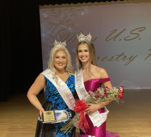 Maddie Kelley (left) and Manda Perry celebrate their respective wins for Ms. U.S. National Turpentine Queen and Miss U.S. National Forestry Queen on Saturday. (COURTESY)