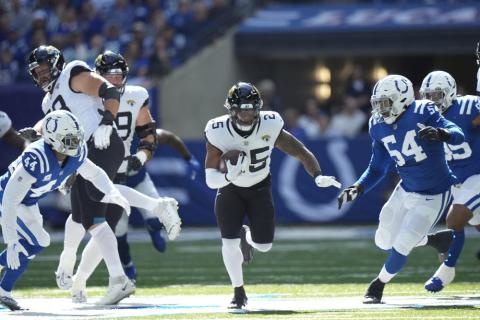 Jacksonville Jaguars running back James Robinson runs against the Indianapolis Colts on Oct. 16 in Indianapolis. (AJ MAST/Associated Press)