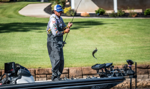 FGC's Seth Slanker reels in a fish on Lake Greenwood during the Bassmaster College Classic Bracket final on Monday in Greenville, S.C. (COURTESY)