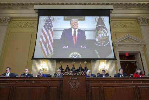 A video of then-President Donald Trump speaking is displayed as the House select committee investigating the Jan. 6 attack on the U.S. Capitol holds a hearing on Thursday. (ALEX WONG/Pool Photo via AP)