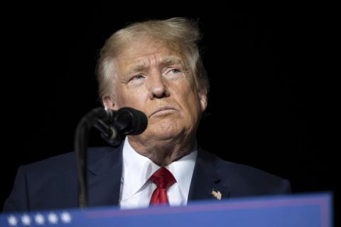 Former President Donald Trump pauses while speaking at a rally Oct. 8 in Minden, Nev. (AP FILE)
