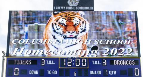 Columbia’s brand new Laremy Tunsil Scoreboard made its debut on Friday night. (JEN CHASTEEN/Special to the Reporter)