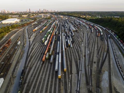 Freight train cars sit in a Norfolk Southern rail yard on Sept. 14, 2022, in Atlanta. Business groups are increasing pressure on lawmakers to intervene and block a railroad strike before next month’s deadline in stalled contract talks. (AP File)