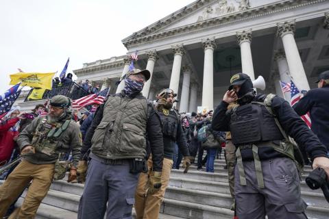 Members of the Oath Keepers on the East Front of the U.S. Capitol on Jan. 6, 2021, in Washington. (AP FILE)