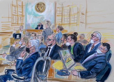 This artist sketch depicts the trial of Oath Keepers leader Stewart Rhodes and four others charged with seditious conspiracy in the Jan. 6 Capitol attack on Oct. 6, 2022. (DANA VERKOUTEREN/AP File)