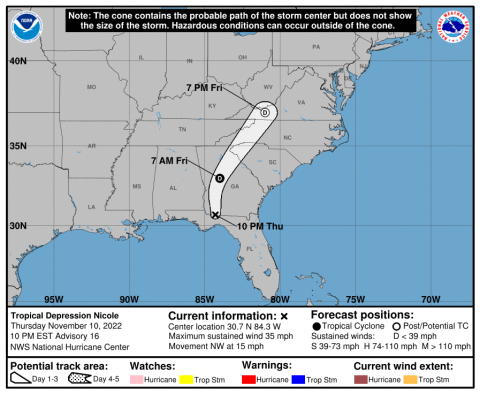 Current projected path of Tropical Storm Nicole. (COURTESY/NOAA)