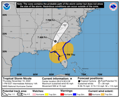 Tropical Storm Nicole’s projected path as of 1 p.m. Thursday. (COURTESY/NOAA)