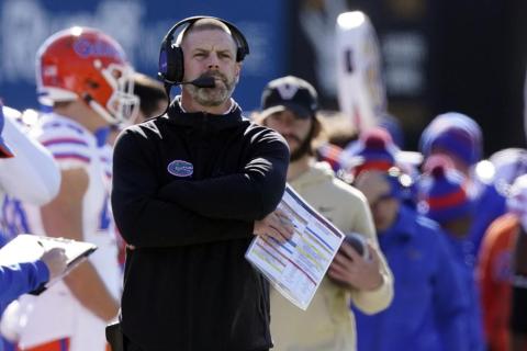 Florida head coach Billy Napier watches from the sideline during Saturday’s against Vanderbilt in Nashville, Tenn. (MARK HUMPHREY/Associated Press)