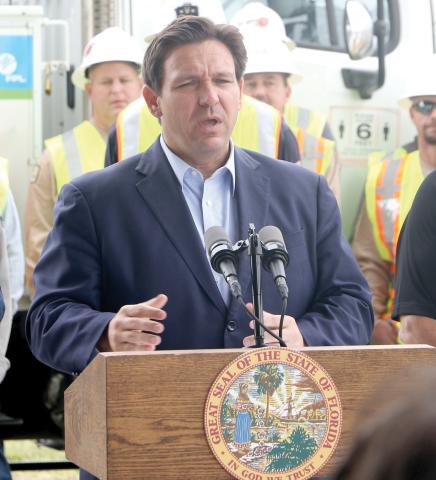 Gov. Ron DeSantis speaks during a visit to Lake City in September prior to Hurricane Ian. (FILE)