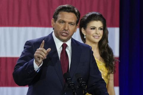 Incumbent Florida Republican Gov. Ron DeSantis speaks to supporters at an election night party after winning his race for reelection in Tampa. (REBECCA BLACKWELL/Associated Press)