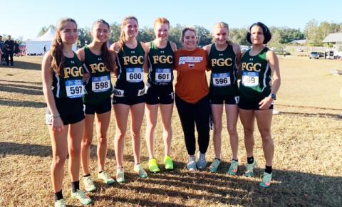 FGC placed 11th at the NJCAA cross country championship on Saturday. Pictured are team members Kyla Desmartin (from left), Kayla Desmartin, Ashlyn Speigner, Morgan Wilson, Fallon Flynn, Ariel Anderson and Merlin Leal. (COURTESY)
