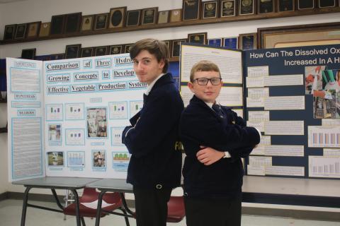 Fort White Middle School students Evan McKinney (left) and Cyler Robinson won FFA national titles for their work with hydroponics. McKinney teamed up with Marshall Bussey (not pictured) on his winning project. (TONY BRITT/Lake City Reporter)