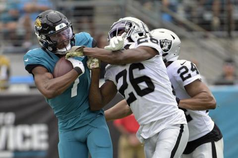 Jacksonville Jaguars wide receiver Zay Jones is stopped by Las Vegas Raiders cornerback Rock Ya-Sin during Sunday's in Jacksonville. (PHELAN M. EBENHACK/Associated Pres)