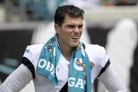 Jacksonville Jaguars place kicker Josh Lambo watches from the sideline during a game against the Denver Broncos on Sept. 19, 2021, in Jacksonville. (PHELAN M. EBENHACK/Associated Press)