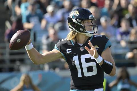 Jaguars quarterback Trevor Lawrence throws a pass Sunday's game against the Baltimore Ravens in Jacksonville. (PHELAN M. EBENHACK/Associated Press)