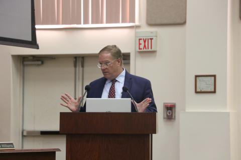 Don Savoie, CEO of Meridian Behavioral Healthcare, discussed bringing a mental health and substance abuse treatment clinic to the Lake Shore Hospital campus at Tuesday’s meeting. (MORGAN MCMULLEN/Lake City Reporter)
