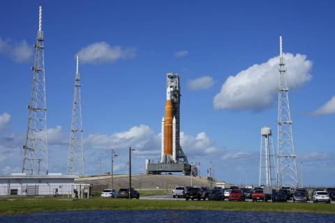 NASA’s new moon rocket sits on Launch Pad 39-B Friday in Cape Canaveral. (CHRIS O’MEARA/Associated Press)