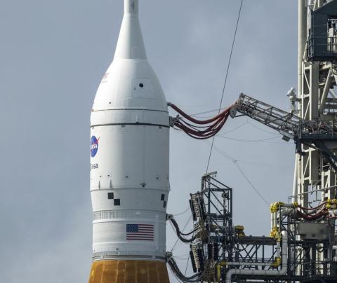 NASA’s moon rocket sits at Kennedy Space Center on Monday in Cape Canaveral. Hurricane Nicole’s high winds last week caused a 10-foot section of caulking to peel away near the capsule at the top of the rocket. (BILL INGALLS/NASA via AP)