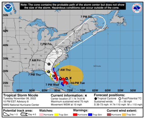 Tropical Storm Nicole is projected to make landfall Wednesday night before potentially crossing to the Gulf and turning north. (COURTESY/NOAA)