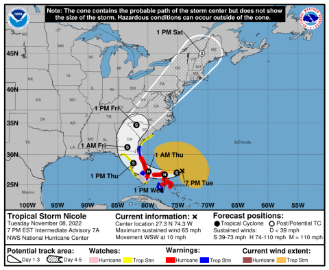A National Oceanic and Atmospheric Administration map shows the projected path of Tropical Storm Nicole as of 7 p.m. Tuesday. (COURTESY/NOAA)