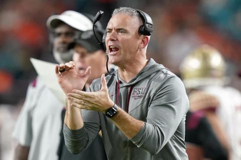 Florida State head coach Mike Norvell watches from the sideline during a game against Miami on Nov. 5 in Miami Gardens. (LYNNE SLADKY/Associated Press)