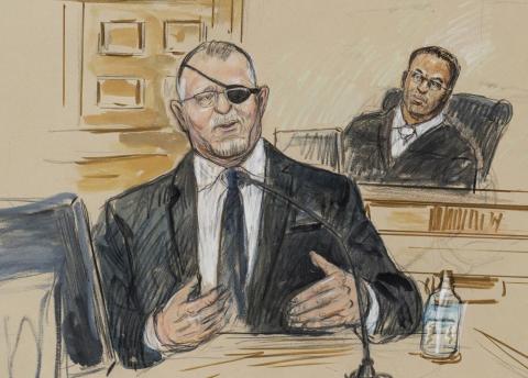 This artist sketch depicts the trial of Oath Keepers leader Stewart Rhodes as he testifies before U.S. District Judge Amit Mehta on charges of seditious conspiracy in the Jan. 6 Capitol attack. (DANA VERKOUTEREN/Associated Press)