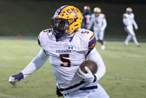 Columbia linebacker Jaden Robinson returns an interception for a touchdown against Escambia during the Region 1-3S semifinals on Friday. (Photos by GREG PACHKOWSKI/Pensacola New Journal)
