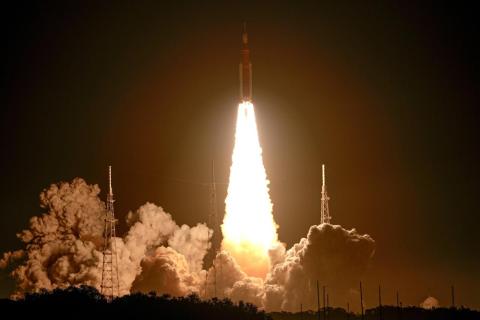 NASA’s new moon rocket lifts off from Launch Pad 39B at the Kennedy Space Center in Cape Canaveral. (JOHN RAOUX/Associated Press)